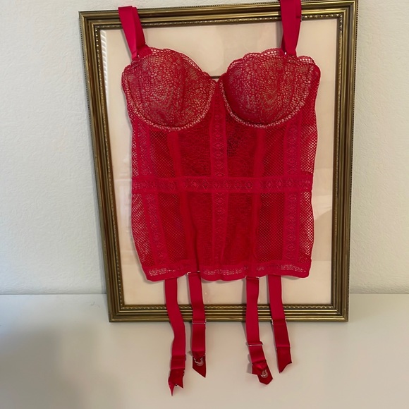 VICTORIAS SECRET Lingerie Black Lace GARTER BUSTIER CORSET Boned Bra 32C NWOT - Picture 1 of 11